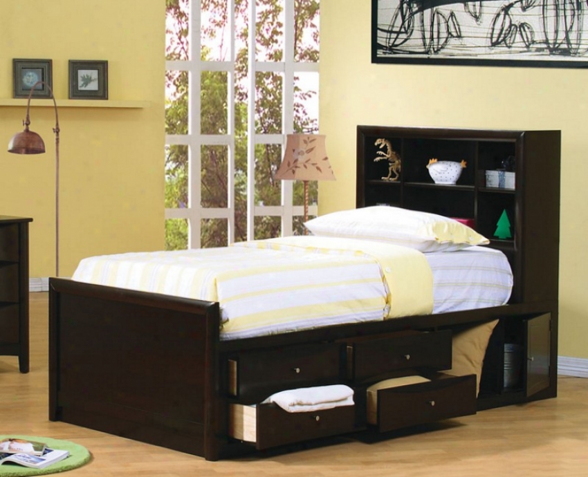 Tqin Size Bookcase Chest Bed In Cappuccino Finish