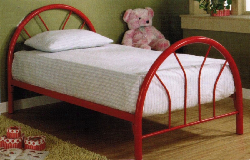 Twin Size Metal Bed With Fan Style In Red Finish