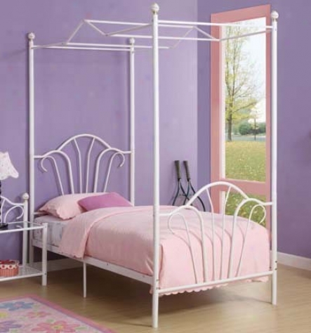 Twin Size Metal Canopy Bed With Slats In White Finish