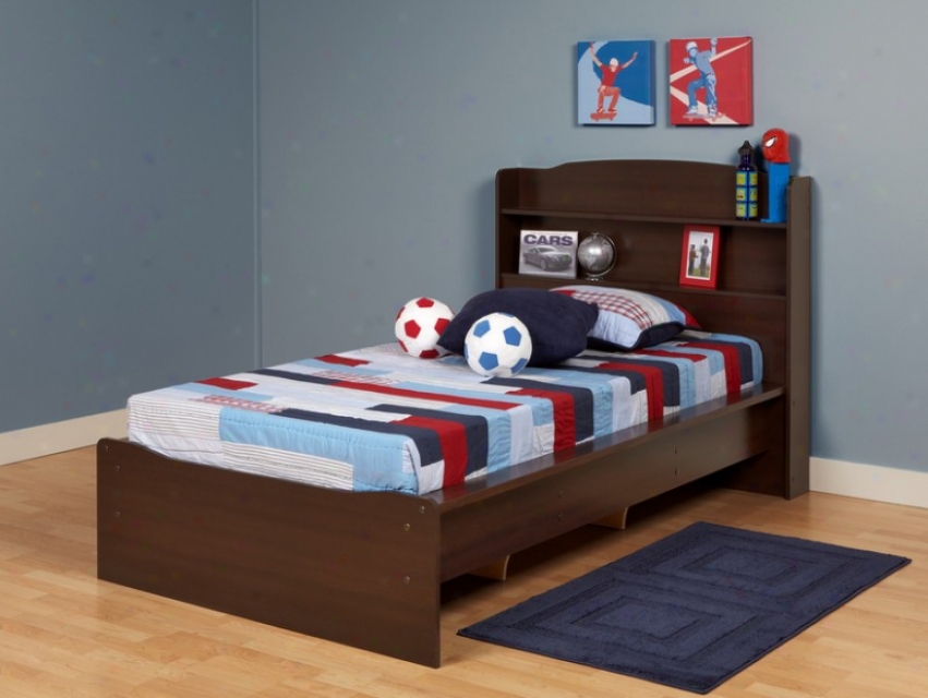 Twiin Size Platform Bed With Integrated Bookcase Headboard In Espresso Finish