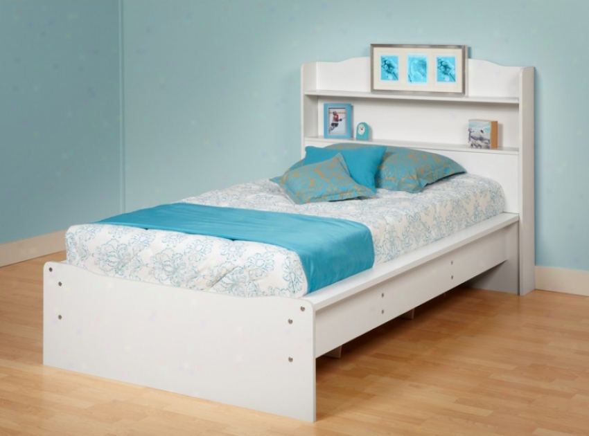 Twin Size Platform Bed With Integrated Bookcase Headboard In Pale Finish