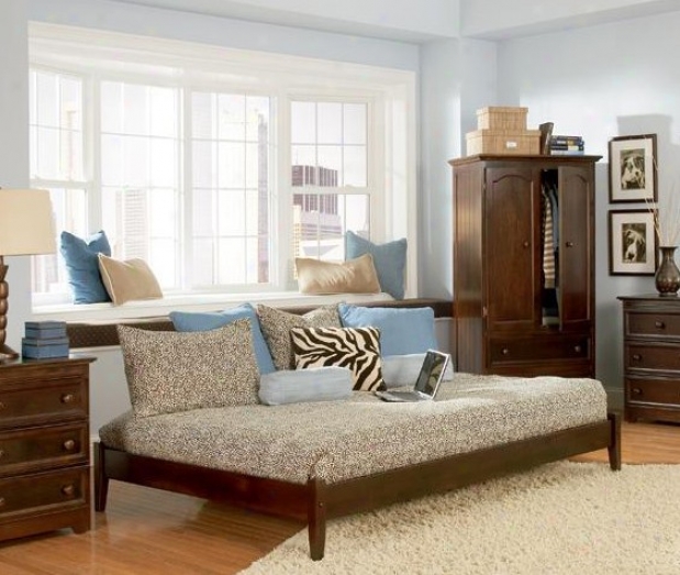 Twin Size Platform Bed With Open Footrail Antique Walnut Finish