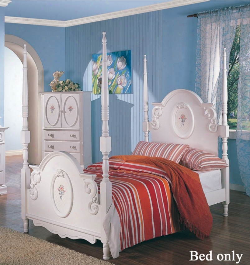 Twin Size Poster Bed Wth Floral Painted In Ancient rarity White Finish
