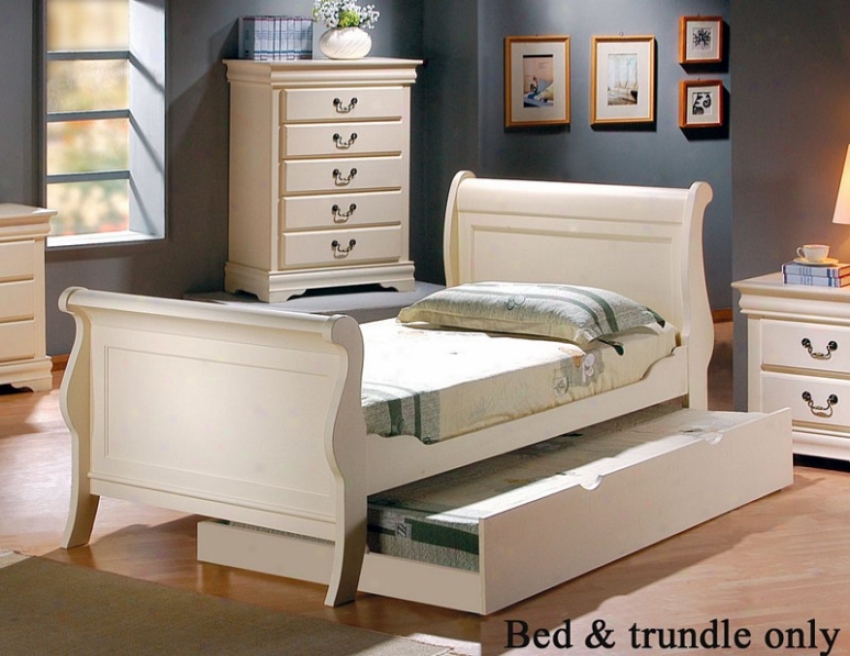 Twin Size Sleigh Bed With Trubdle In White Finish