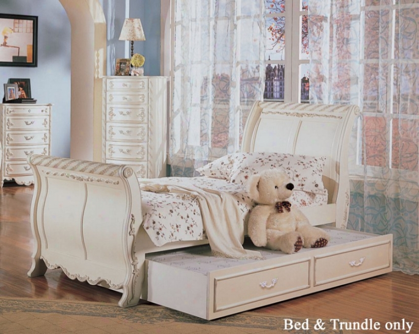 Twin Size Sleigh Bed With Wallower In White Pearl Finish