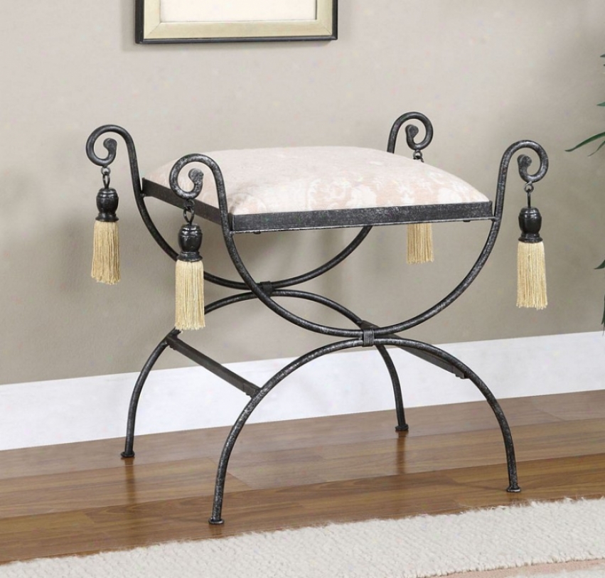 Upholstered Vanity Bench With Tasseled Corners In Black And Pewter Finish