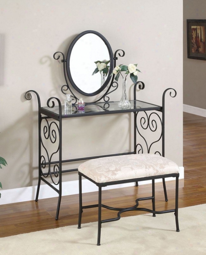 Vanity Set With Glass Top And Scroll Decoration In Matte Black Finish