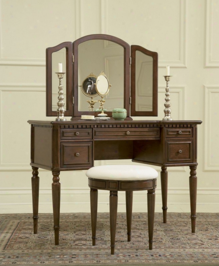 Vanity Set With Tapered Legs And Dentil Molding In Warm Cherry Finish