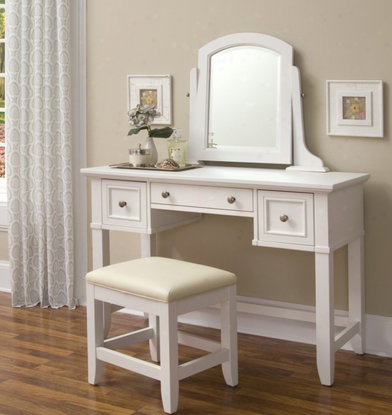 Vanity Table And Bencu Set With Mirror In White Finish