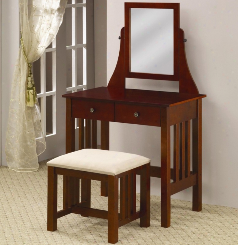 Vanity Table And Chair Set By the side of Mirror In Deep Warm Brown Finish