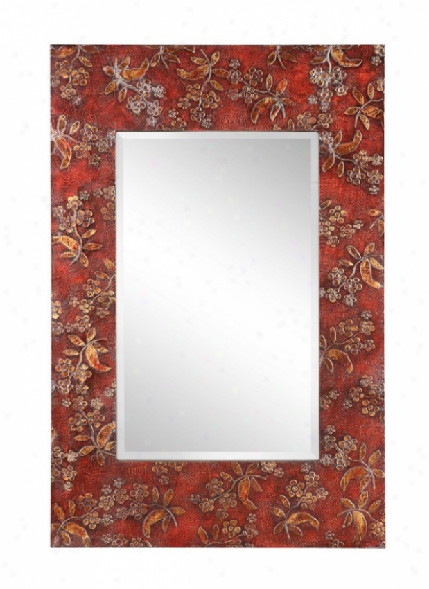 Wall Beveled Mirror With Gold Floral Accents In Deep Red Finish