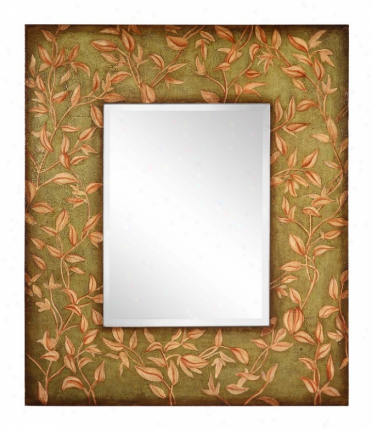 Wall Beveled Mirror With Hand Painted Leaves Accents In Aged Moss Finish