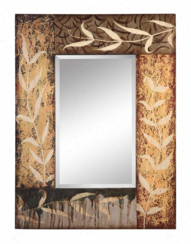 Wall Beveled Mirror With Hanc Painted Leaves Accentx In Aged Cream And Gray Finish