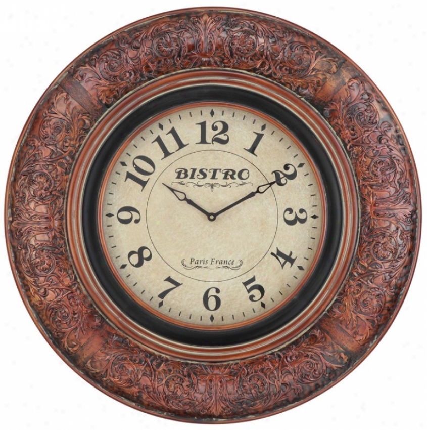 Wall Clock With Carved Vinees In Aged Merlot Finish