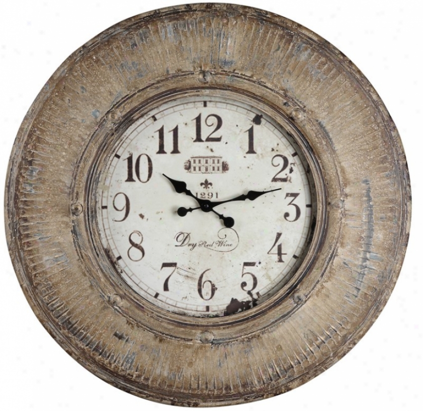 Wall Clock With Cream Highlights In Distressed Light Brown Finish