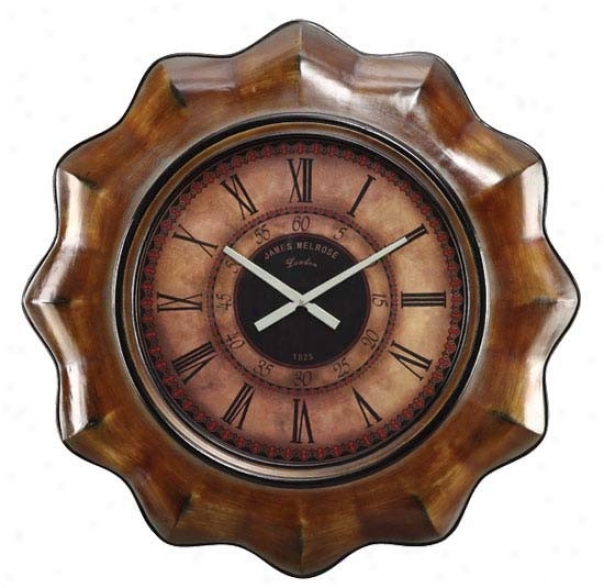 Wall Clock With Flower Frame Design In Distressed Chestnut Finish