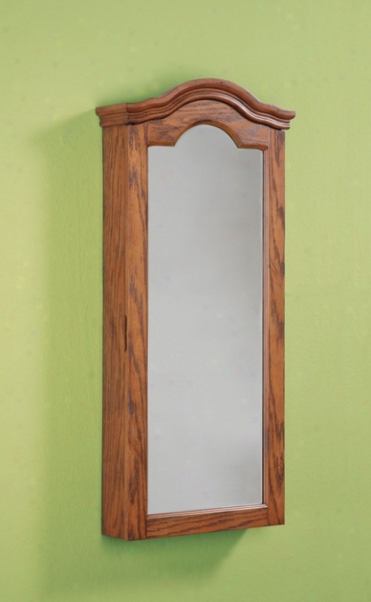 Wall Mirror Jewelry Armoire With Arched Top In Antique Oak Finish