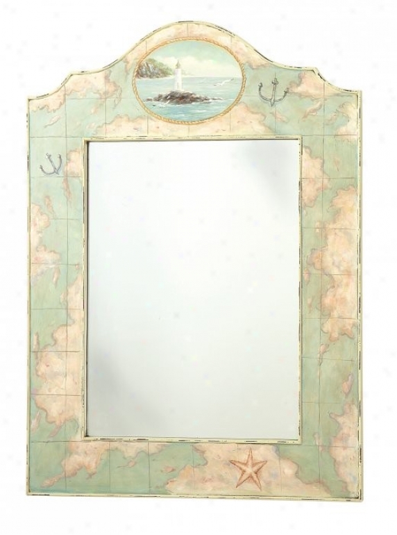 Wall Mirror With Handpainted Old Map And Lighthouse Motif
