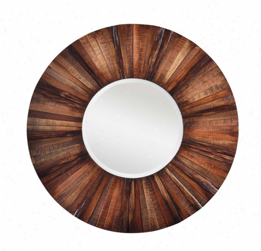 Wall Round Beveled Mirror With Frame In Natural Rutic Finish