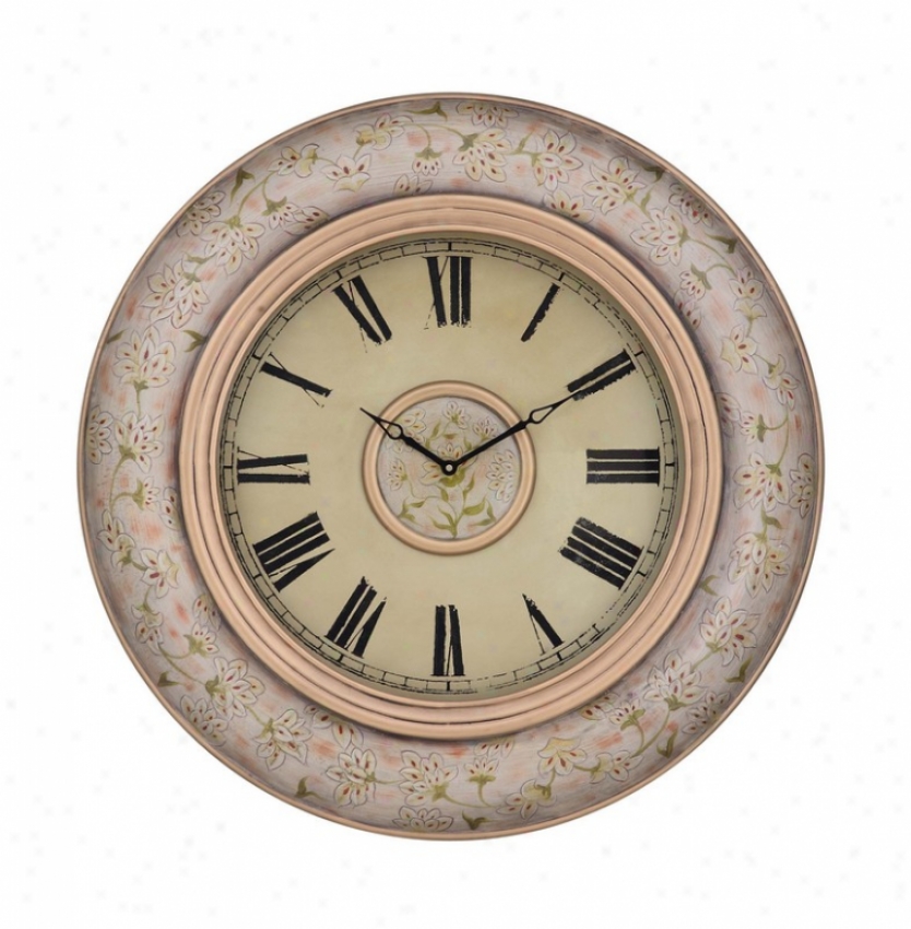 Wall Round Clock With Hand Painted Floral In Disfressed Cream Finish