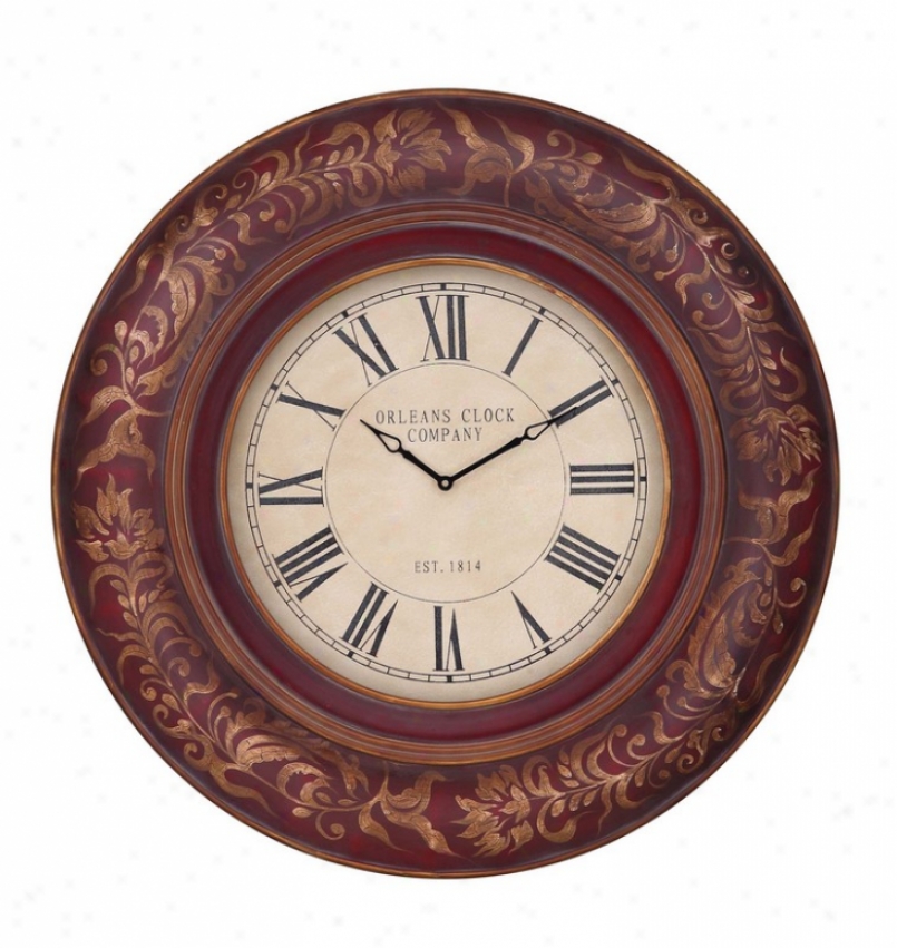 Wall Round Clock With Hand Painted Leaves In Distressed Merlot Finish