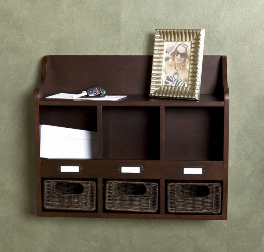 Wall Storage Unit Organizer With Rattan Drawers In Espresso Polish