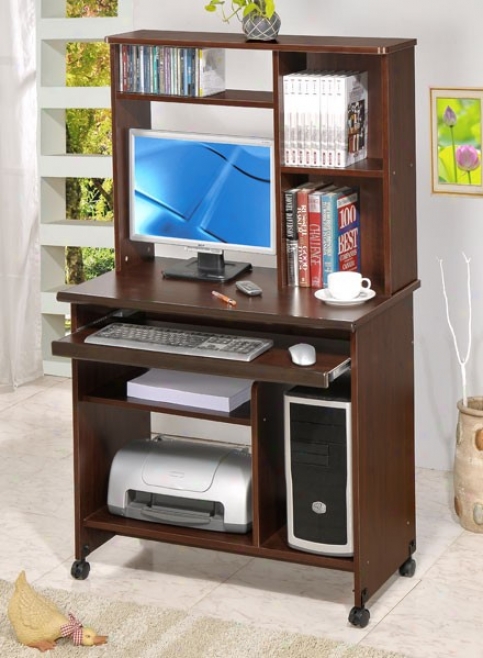 Walnut Finish Wood Rollig Computer Workstation Shelf Desk