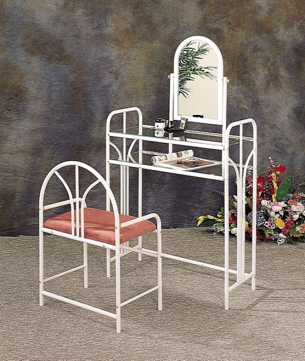 White Finish Metal  Practical knowledge Deco Vanity Set W/glass Shelves Mirroor & Stool/bench