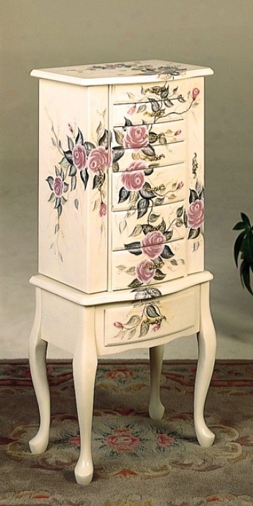 White Finish Wood W/hand Painted Roses Floral Jewelry Armoire