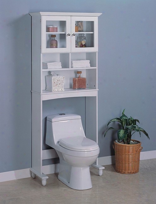 White Wood Bathroom Commode Shelf W/storage Shelves Glass Door