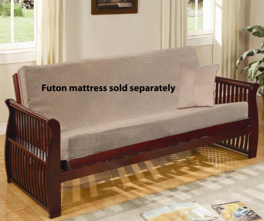 Wood Futon Frame With Sleigh Desgn In Mahogany Finish