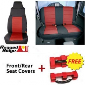 Rugged Ridge Neoprene Seat Covers Front & Rear Black/red With Free Grab Handles