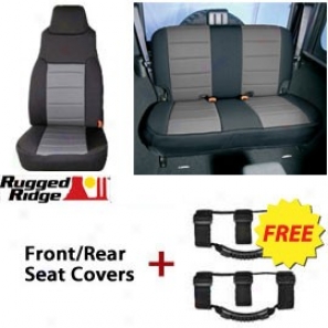 Rugged Ridge Neoprene Seat Covers Front & Rear With Free Grab Handles