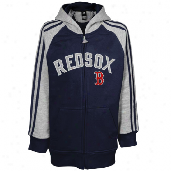 Adidas Boston Red Sox Preschool Navy Blue-ash 3-stripe Raglan Full Zip Hoody Sweatshirt