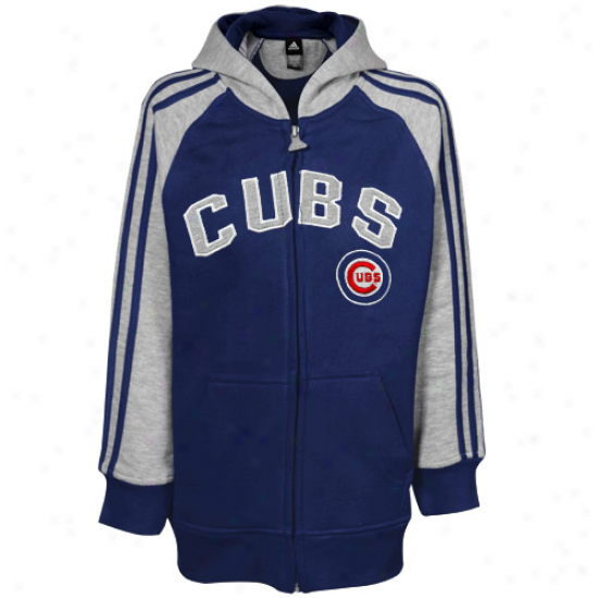 Adidas Chicago Cubs Youth Navy Blue-ash 3-stripe Raglan Full Zip Hoody Sweatshirt