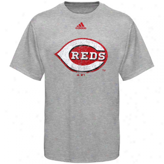 Adidas Cincinnati Reds Youth Ash Distressed Logo T-shirt