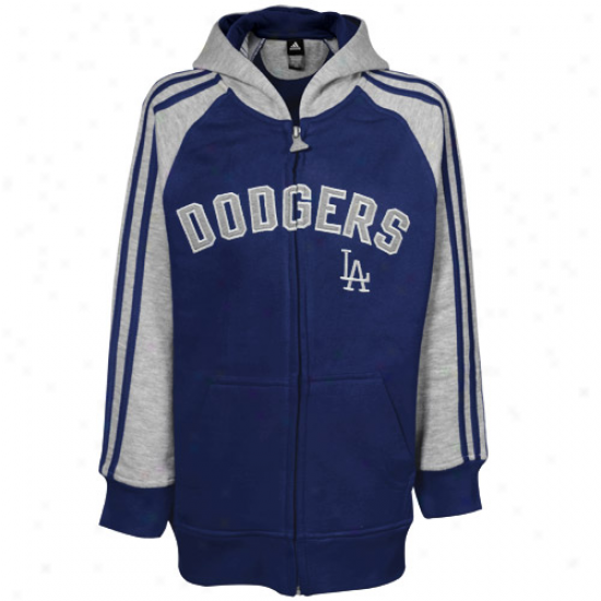 Adidas L.a. Dodgers Youth Royal Blue-ash 3-stripe Rag1an Full Zip Hoody Sweatshirt