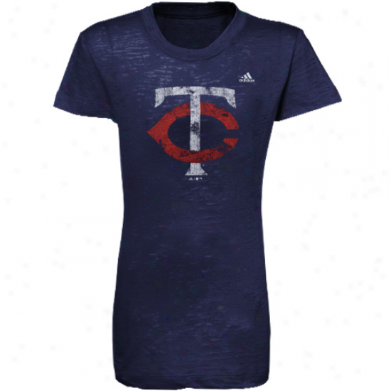 Adidas Minnesota Twins Youth Girls Navy Bluue Distressed Logo Burnout T-shirt