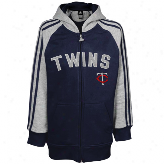 Adidas Minnesota Twins Youth Navy Blue-ash 3-stripe Raglan Full Zip Hoody Sweatshirt