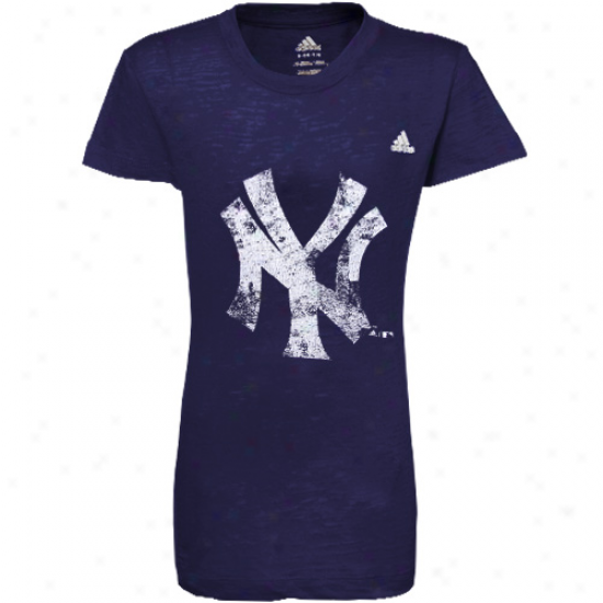 Adidas New York Yankees Youth Girls Navy Blue Distressed Logo Burnout T-shirt