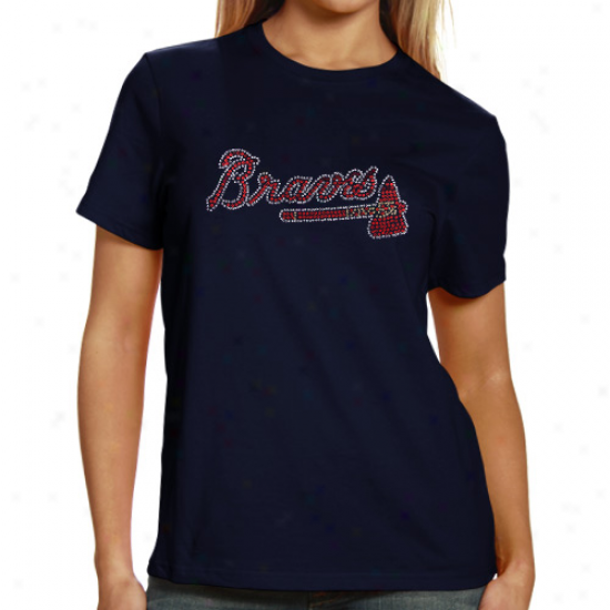 Atlanta Braves Ladies Sequin Jersey Logo Premium T-shirt - Navy Pedantic 