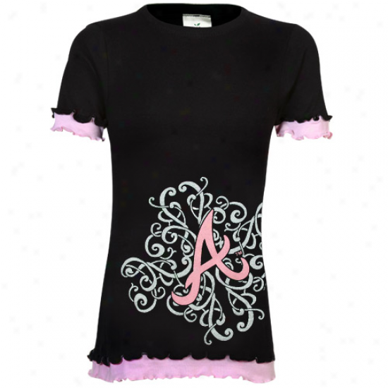 Atlanta Braves Preschool Girlls Double Ruffle Scroll Logo T-shirt - Black