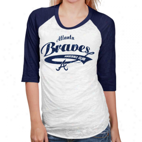 Atlanta Braves White-navy Blue Burnout Raglan Three-quarter Detail Sleeve T-shirt