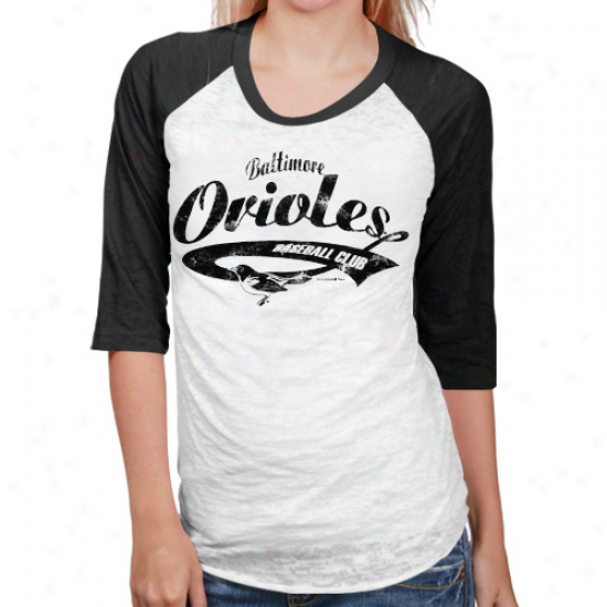 Baltimore Orioles Ladies White-black Burnout Raglan Three-quarter Length Sleeve T-shirt