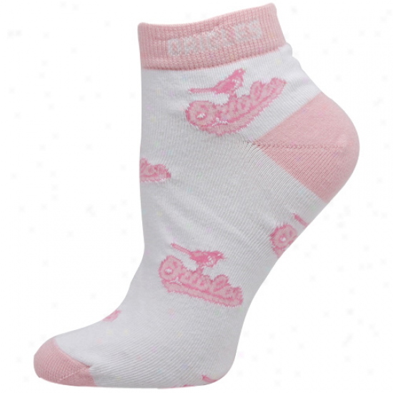 Baltimore Orioles Ladies White-pink Allover Team Logo Ankle Socks