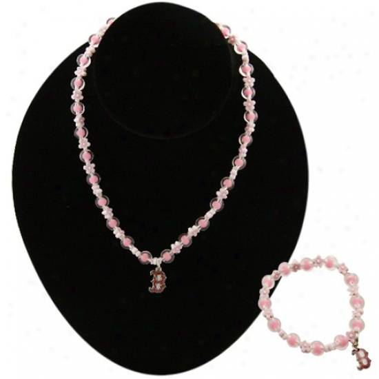 Boston Rwd Sox Girls Pink Beaded Bracelet & Necklace Set W/team Logo Cbarm