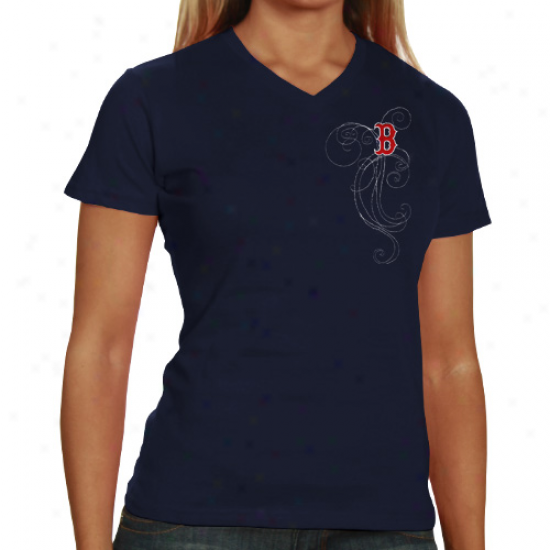 Boston Red Sox Ladies Navy Blue Cap Logo And Swirl V-neck T-hsirt