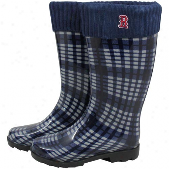 Boston Red Sox Ladies Navy Blue Plaid Cuff3d Rain Boots