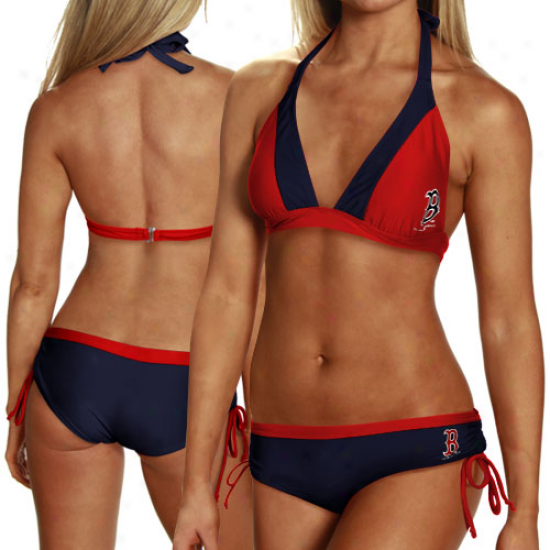 Boston Red Sox Ladies Red-navy Blue Nylon Two-piece Swimsuit