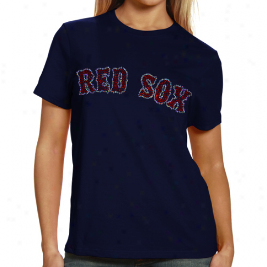 Boston Red Sox Ladies Sequuin Jersey Logo Premium T-shirt - Navy Blue